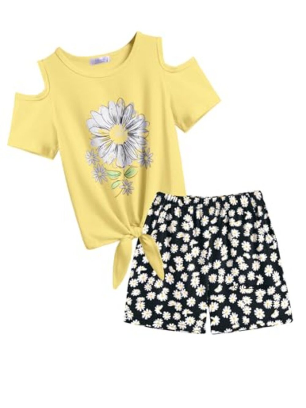 Girls 2 Piece Short Set Cold Shoulder Tie Top & Shorts Outfit